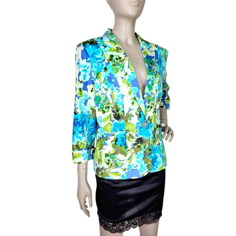 89th & Madison Blue Abstract Floral Business Casual Single Button Career Blazer